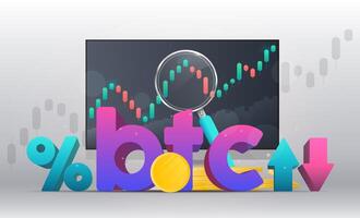 Trading on the bitcoin exchange. Percentage with up and down arrows. Wallet, bank card, chart, magnifier, monitor. Vector. vector