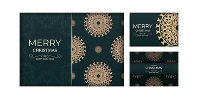 Greeting card Merry Christmas and Happy New Year in dark green color with luxury yellow pattern vector