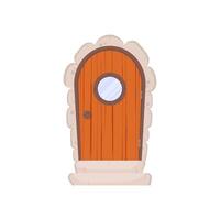 Antique wooden door with a round window. Stone cladding and steps. Wood texture. Cartoon style. Isolated, vector illustration.