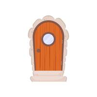 Antique wooden door with a round window. Stone cladding and steps. Wood texture. Cartoon style. Isolated, vector illustration.