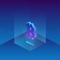 Bitcoin icon in neon light. Glass pedestal in isometric style. . vector