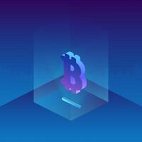 Bitcoin icon in neon light. Glass pedestal in isometric style. Vector. vector