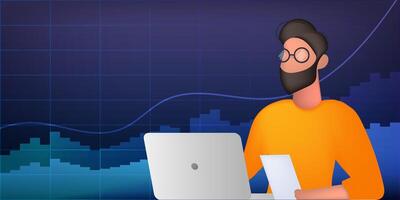 A man works with documents at a laptop. Background with financial charts. Neon colors. The concept of analytics, business or trading on the financial exchange. . vector