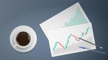 Blanks with business charts, uptrend line graph, histogram and bull market stock numbers. Analyst or trader's workplace. Vector. vector