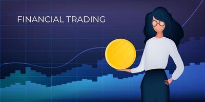 The girl holds a gold coin on the background of financial charts. Neon colors. The concept of trade analytics, business or financial exchange. Vector. vector