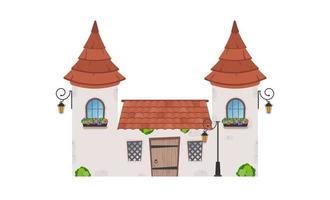 House with towers. Stone building with windows, door and roof. Cartoon style. For the design of games, postcards and books. Isolated on white background. Vector