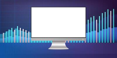 Monitor with a white screen on the background of financial charts. The concept of analytics, business or trading on the financial exchange. . vector