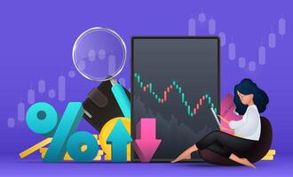 Financial trading banner. A girl with a tablet sits on a pouf. Percentage with up and down arrows. Wallet, bank card, schedule, magnifier, tablet. Vector. vector