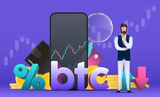 Trading on the bitcoin exchange. A businessman is pondering an idea. Percentage with up and down arrows. Wallet, bank card, schedule, magnifier, phone. Vector. vector