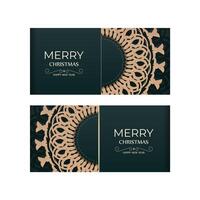 Greeting card Merry Christmas and Happy New Year in dark green color with abstract yellow pattern vector