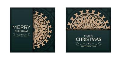 Merry christmas dark green greeting flyer template with vintage yellow pattern vector