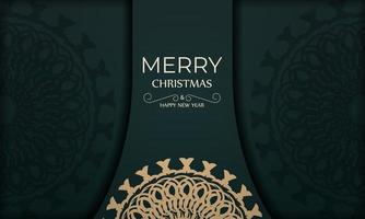 Brochure Merry Christmas and Happy New Year in dark green color with vintage yellow pattern vector