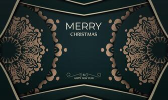 Template Greeting card Merry christmas dark green color with winter yellow pattern vector