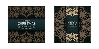 Merry christmas flyer template dark green color with luxury yellow ornament vector