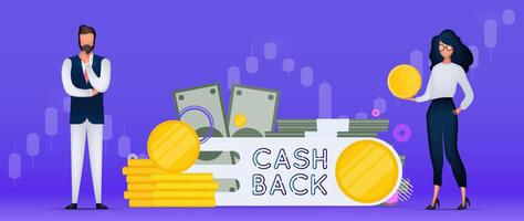 Bright purple Cashback banner. Confident businessman, girl holding a gold coin. Concept on the topic of earnings. Vector illustration.