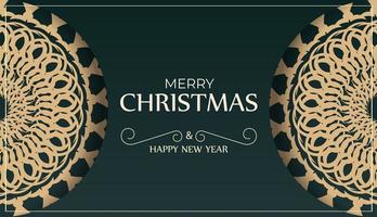 Greeting Brochure Template Merry Christmas and Happy New Year in dark green color with winter yellow pattern vector