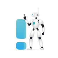 White robot with an exclamation mark. The robot raises its index finger. Vector. vector