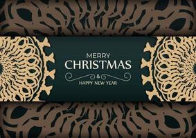 Greeting card Merry Christmas and Happy New Year in dark green color with winter yellow pattern vector