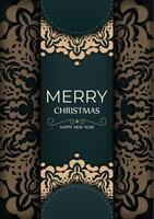 Merry Christmas and Happy New Year greeting card template in dark green color with luxury yellow pattern vector