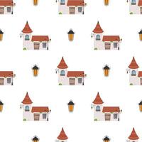 Seamless pattern with castle tower. Endless background. Good for wrapping paper, postcards, and books. Cartoon style. Vector .