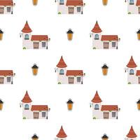 Seamless pattern with castle tower. Endless background. Good for wrapping paper, postcards, and books. Cartoon style. Vector .