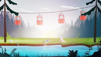 Cable car with trailers in the forest. Fairy forest with a river. Cartoon style. Vector illustration.