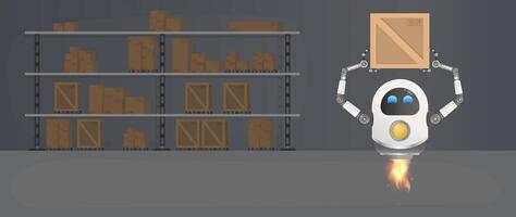 The flying robot picks up the box. Large warehouse with pallets, wooden and cardboard boxes. Vector illustration.