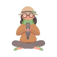 The girl sits in the lotus position and holds the cat. Isolated. Vector. vector