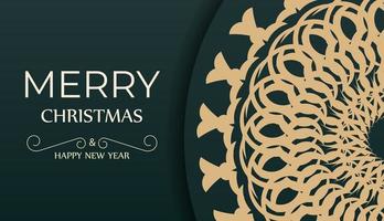 Greeting Flyer Template Merry Christmas and Happy New Year in dark green color with winter yellow pattern vector