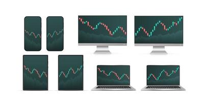 A large set of gadgets with the display of stock market quotes. Candlestick on a white background. Investment trading in the stock market. Phone, tablet, laptop and monitor. Vector illustration.