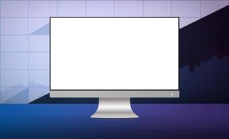 Monitor with a white screen on the background of financial charts. The concept of analytics, business or trading on the financial exchange. illustration. vector