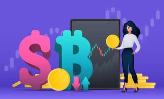 Financial trading banner. The girl is holding a gold coin in her hands. Gold coins, graph, tablet, dollar and bitcoin icon. Vector. vector