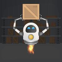 The flying robot picks up the box. Large warehouse with pallets, wooden and cardboard boxes. Vector. vector