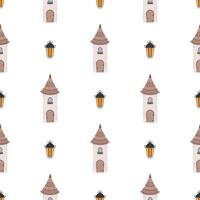 Seamless pattern with a tower. Good for backgrounds, wrapping paper, cards and books. Cartoon style. Vector illustration.