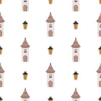 Seamless pattern with a tower. Good for backgrounds, wrapping paper, cards and books. Cartoon style. Vector illustration.