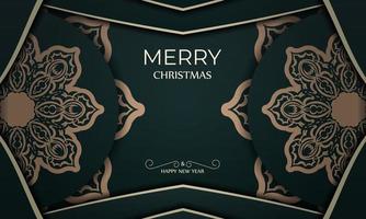 Festive Brochure Merry Christmas and Happy New Year in dark green color with winter yellow pattern vector
