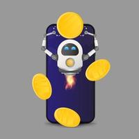 Flying robot holds a gold coin on the background of a mobile phone. Investment and capital increase concept. Vector. vector