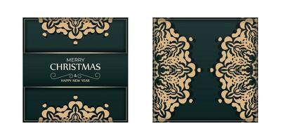 Merry christmas dark green flyer template with luxury yellow pattern vector