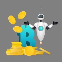 White flying robot and gold coins in the air. Bitcoin sign and mountain of gold coins. For the topic of saving and returning money. Isolated. Vector illustration.