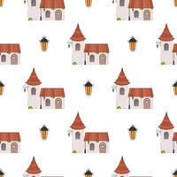 Seamless pattern with castle tower. Endless background. Good for wrapping paper, postcards, and books. Cartoon style. Vector illustration.