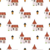 Seamless pattern with castle tower. Endless background. Good for wrapping paper, postcards, and books. Cartoon style. Vector illustration.