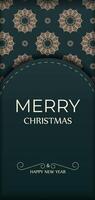 A green and gold christmas card with a floral pattern vector