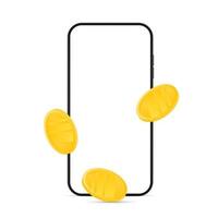 Gold coins are falling. Phone with a white screen. Element for design on the topic of finance, cashback and earnings. Isolated. Vector. vector