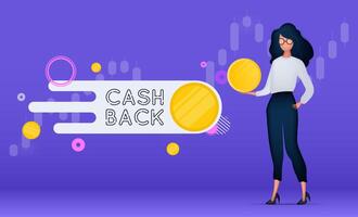 Bright purple Cashback banner. The girl is holding a gold coin. Concept on the topic of earnings. Vector illustration.