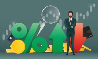 Percentage with up and down arrows. A businessman is pondering an idea. Wallet, bank card, graph, magnifier. The concept of trading and trading on the finance exchange. Vector. vector
