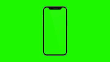 Mobile phone with blank green screen, front view, isolated on white background. 4K animation for presentation on mockup screen video