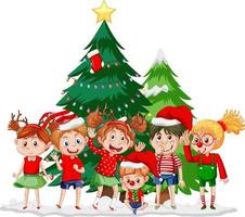 temporada de navidad con niños y árboles de navidad vector