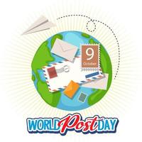 World Post Day banner with envelope and stamp on earth vector