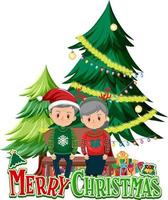 Merry Christmas logo with elderly couple and Christmas tree vector