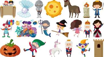 Set of isolated fairytale cartoon characters and objects vector